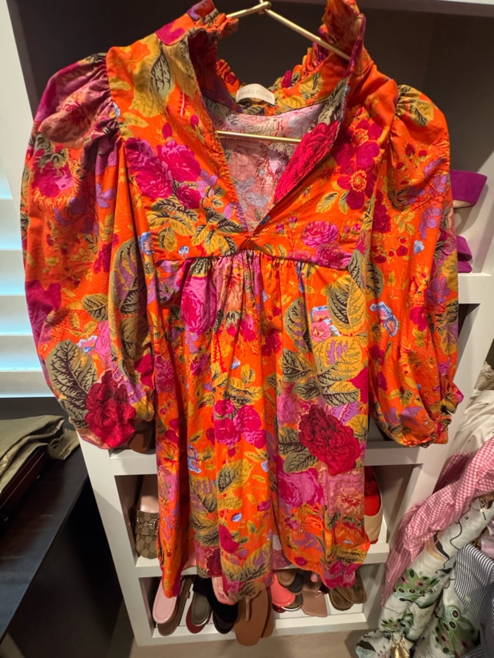 Bright Orange Floral Mini Dress with Puff Sleeves